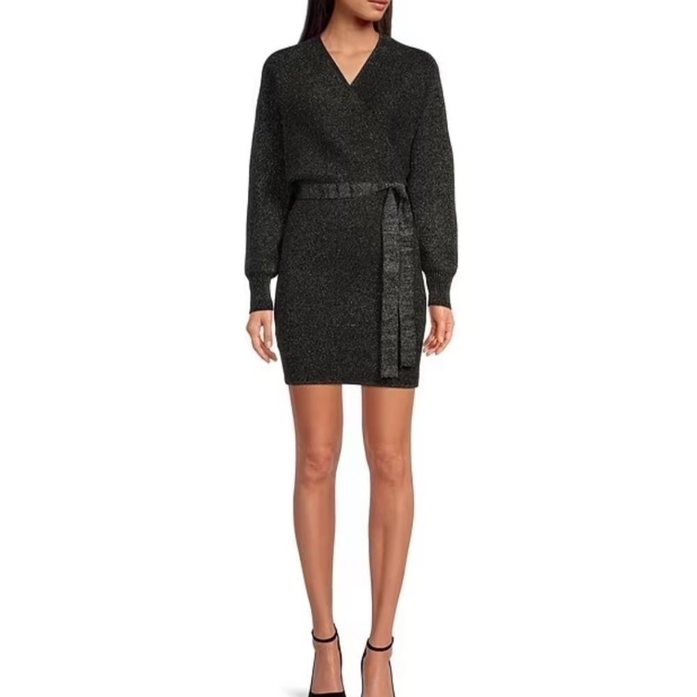 Gianni Bini Alston Metallic Tie Waist Sweater Dress Black Silver Size Large NWT - Picture 4 of 11